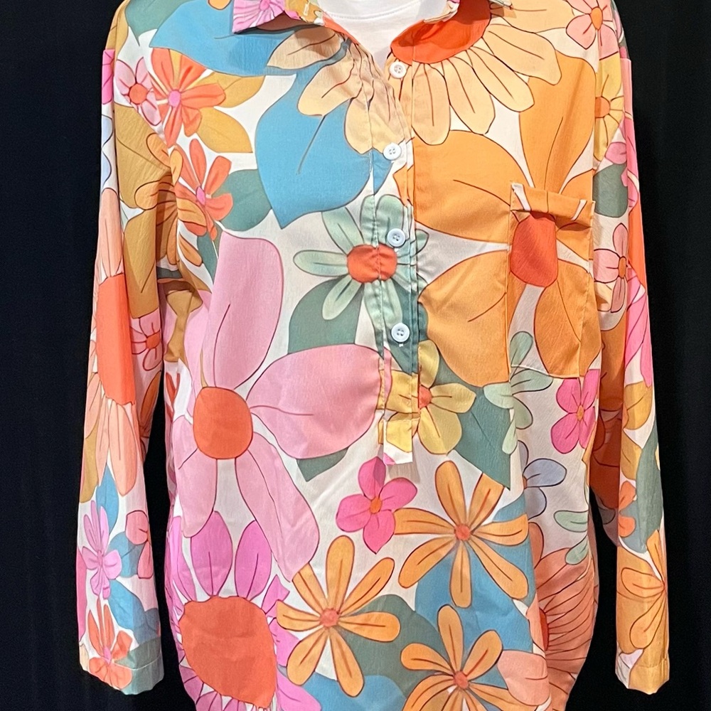 Vintage Inspired Retro Floral Button-Down Blouse Size M